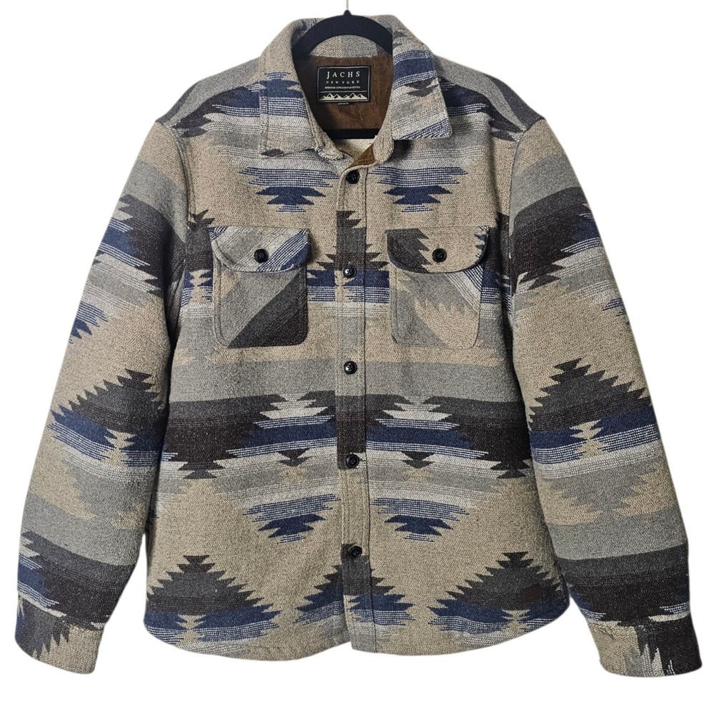 Jachs New York Shirt Jacket Mens Large Grey Southwest Sherpa Lined Flannel Aztec